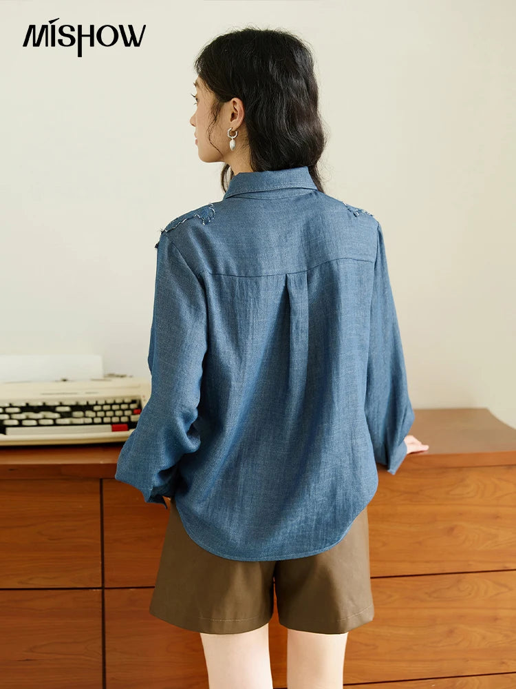 MISHOW Women's Blue Shirt Autumn 2025 Hollowed Out Patchwork Embroidery Tops Imitation Denim Fabric Loose Retro Shirt MXE46C2410