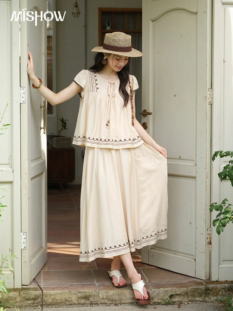 MISHOW Women Two Piece Set 2025 Summer Female Embroidery Flying Sleeve Lace Spliced Top Loose Elastic Waist Skirt Set MXE39T0667