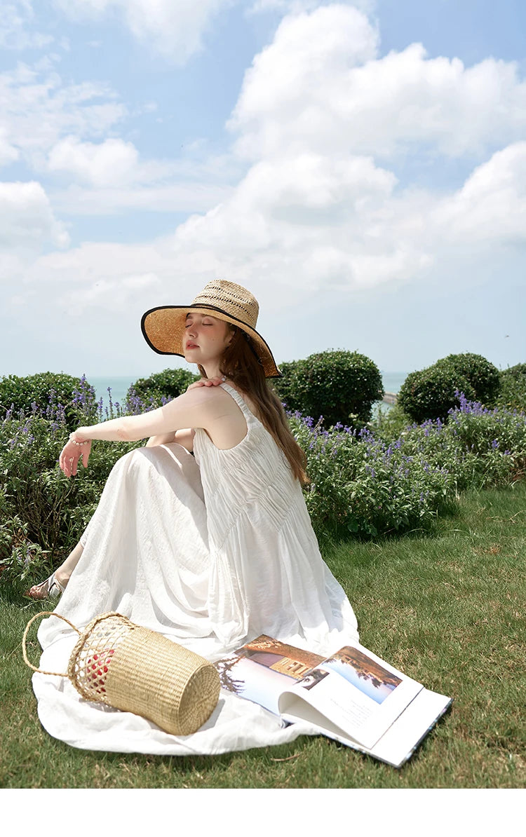 MISHOW French Retro Pleated Upper Suspender Dress for Women 2024 Summer Vacation Sleeveless Solid Mid Length Dresses MXD26L1939