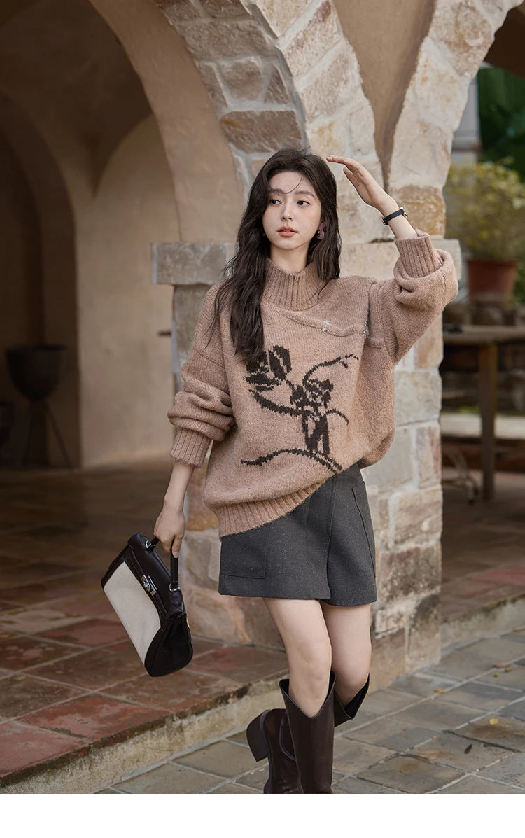 MISHOW Chinese Hollow Out Sweaters for Women 2024 Autumn Winter Loose Casual Design Sweet Floral Knitted Pullovers MXD36Z0888