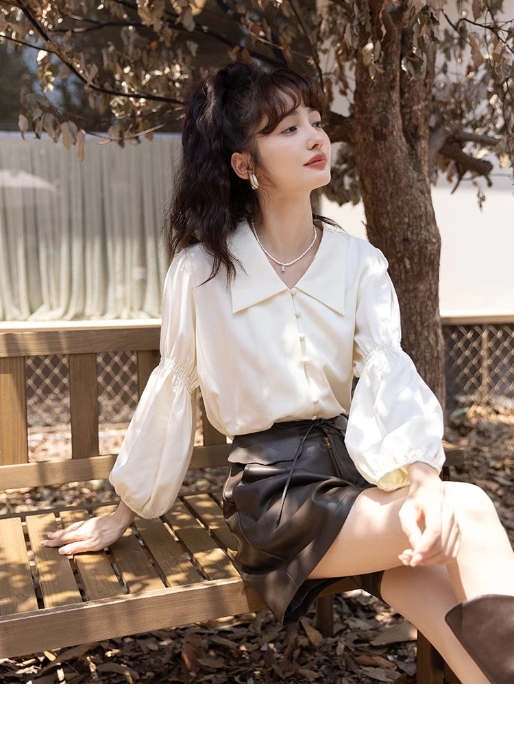 MISHOW Elegant Women's Blouse Autumn Vintage French Lantern Sleeves Turndown Collar Shirt Office Lady Female Clothing MXB32C0508