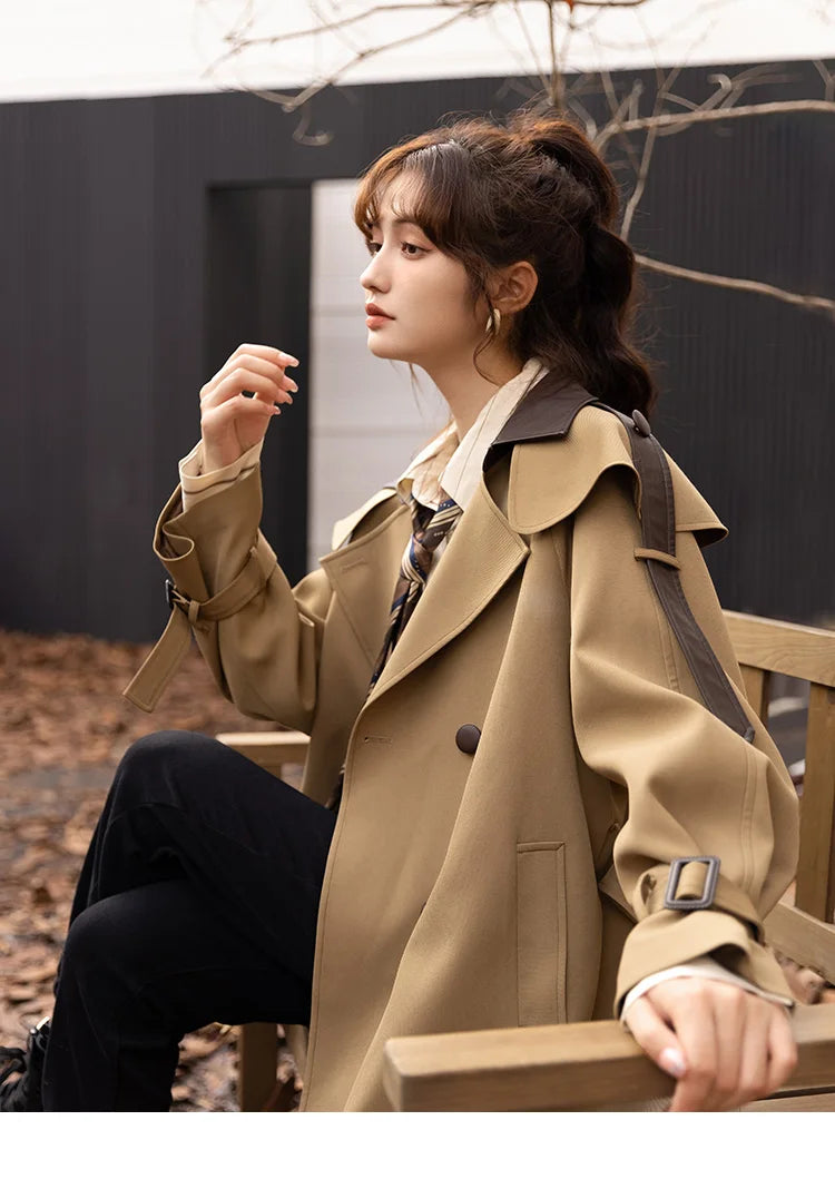 MISHOW Trench Coats for Women Autumn Korean Office Lady Polo Collar Patchwork Long Mid-length Jacket Female Outerwear MXB33W0399