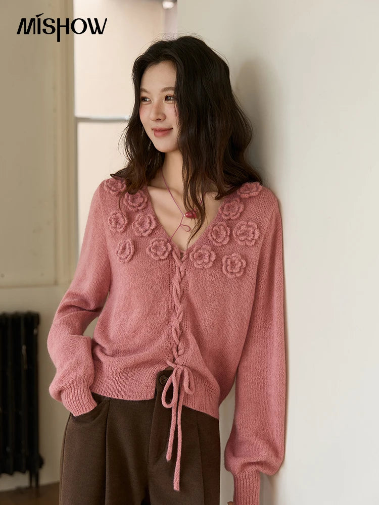 MISHOW V-Neck Sweater 2025 Autumn Winter French Loose Pink Three-Dimensional Rose Knitted Pullovers Long-sleeved Tops MXE88Z2708