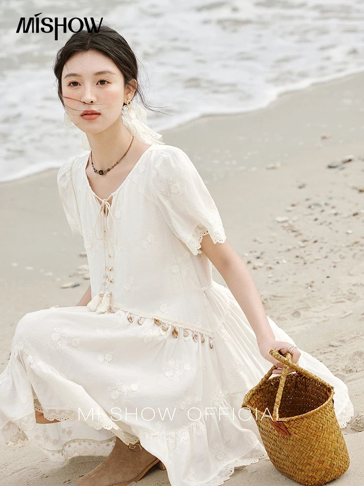 MISOHW Bohemian Solid Women's Summer Dress New 2025 Short Sleeve V-neck Shell Lace Midi Dresses for Woman Fashion MXE33L2195