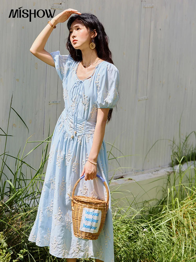 MISHOW Blue Square Neck Bubble Sleeve Dress for Women Summer 2025 Waist Vacation 100 Cotton Embroidered Long Dress MXE35L2234