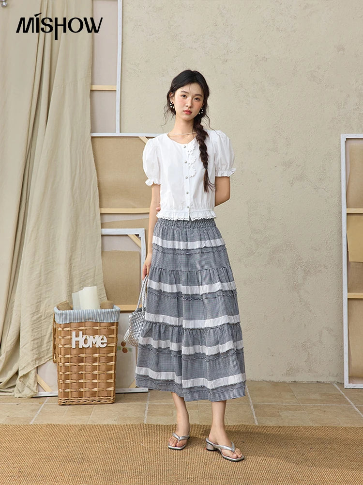 MISHOW Sweet Lace Pufff Sleeve Shirt Summer 2025 Flower Single Breasted Buttons Short Shirts Hem Elastic Waist Tops MXE34X1820