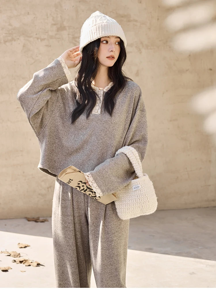 MISHOW Women's Sweatshirt Wide Leg Pants Separately 2025 Fall Winter Lace Splicing Hooded Casual Elastic Waist Pants MXD34V0098