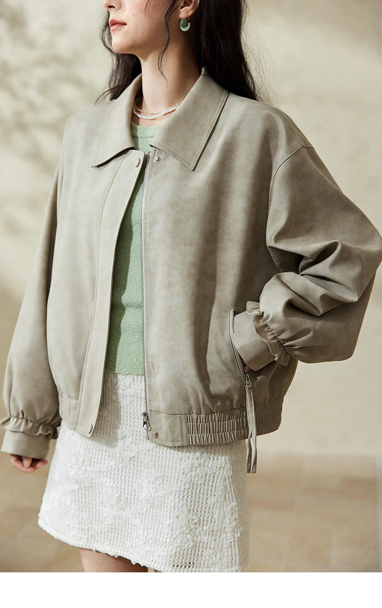 MISHOW Minimalist Short Jacket for Women Spring 2025 Casual Lapel Jacket Zipper Elastic Hem Solid Coats Streetwear MXE13W0715