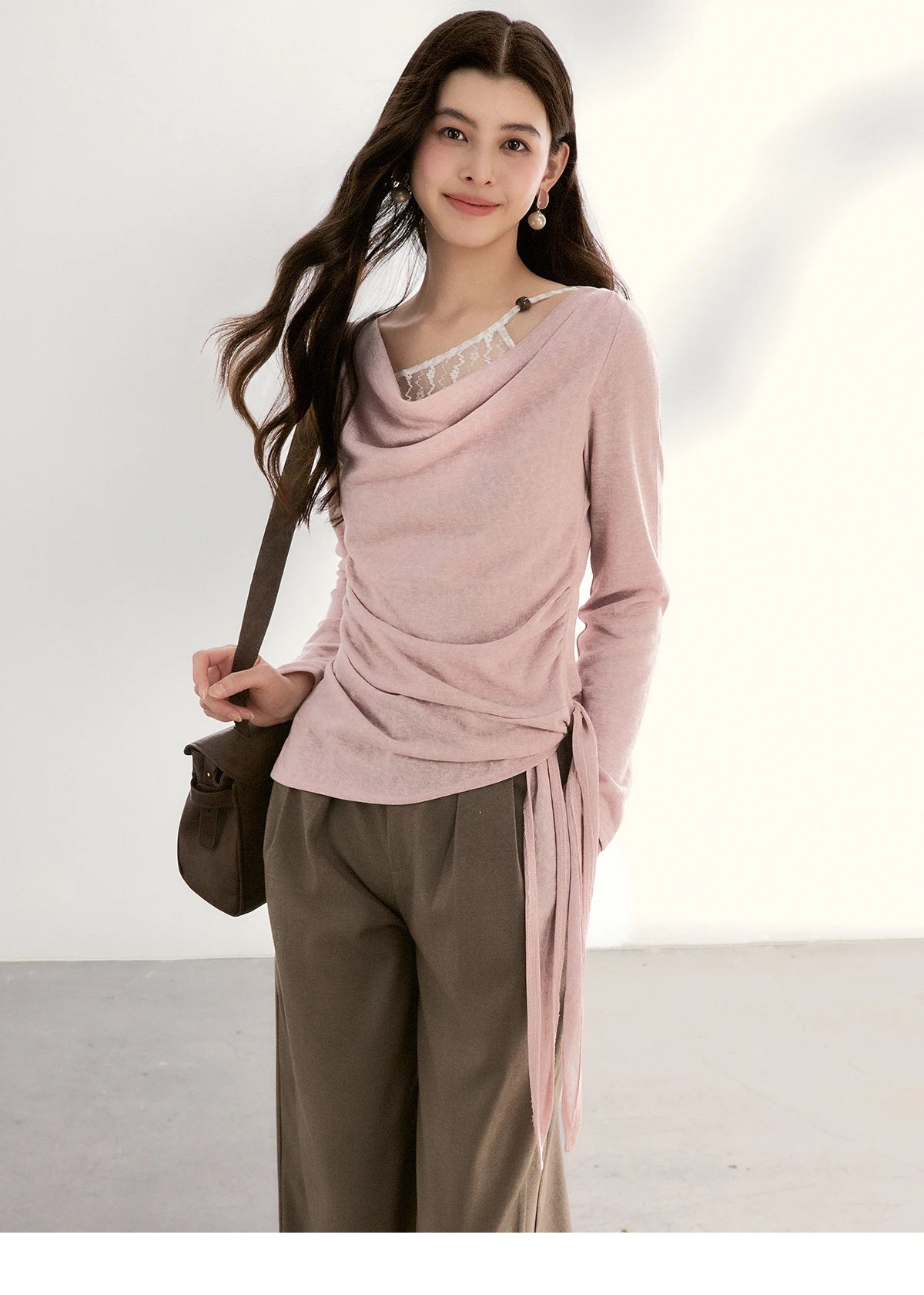 MISHOW Women's Splicing Lace Trim Draped Neck Long Sleeve Tops 2026 Spring Side Tie Ruched Irregular Casual Slim Tees MXF13Z2995