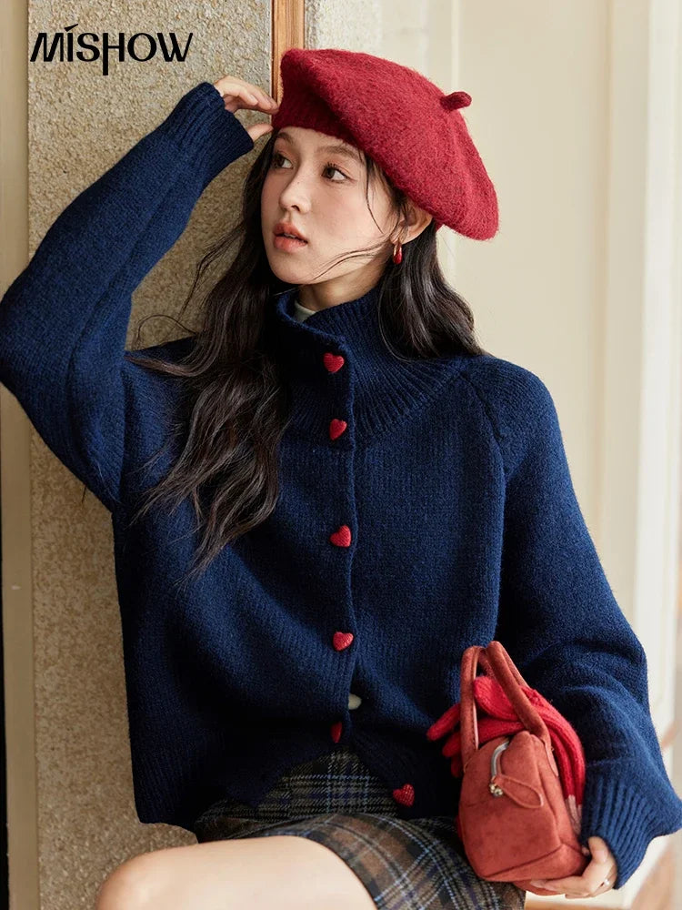 MISHOW Love Heart Button Sweater Color Clash Women Winter Clothing Knitted Cardigan Loose Versatile Thick Warm Tops MXD58Z1127