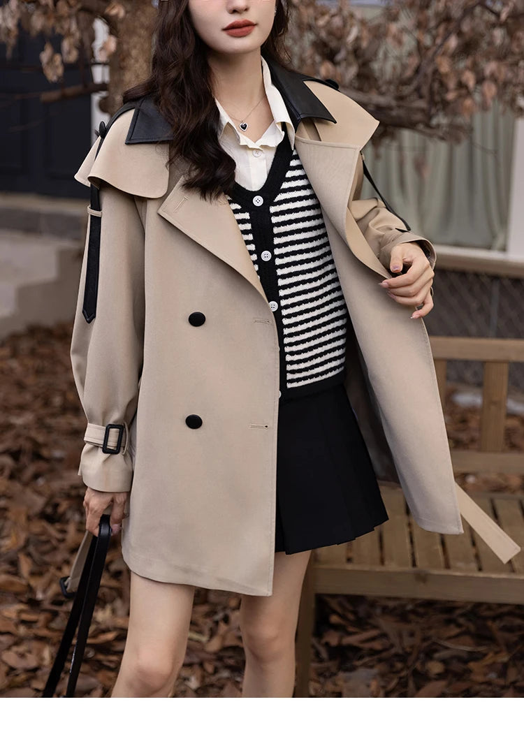 MISHOW Trench Coats for Women Autumn Korean Office Lady Polo Collar Patchwork Long Mid-length Jacket Female Outerwear MXB33W0399