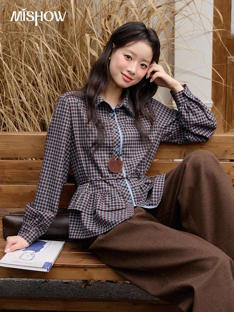 MISHOW Retro Blue Plaid Shirt for Women 2025 Autumn Winter Lapel Lantern Sleeves Ruffled Hem Top Slim Casual Shirt MXE89C2420