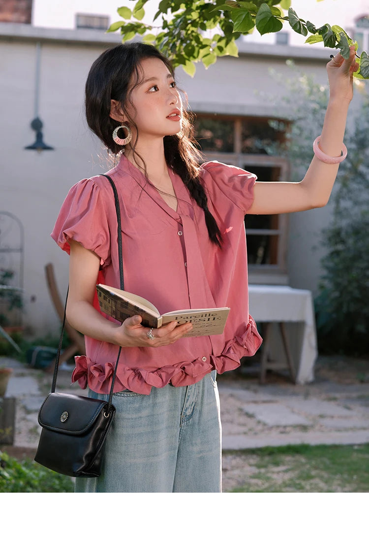 MISHOW Women's Summer V-neck Blouse 2025 New Fashion Puff Sleeve Lace Up Button Sweet Top Casual Female Clothing MXE38X1914