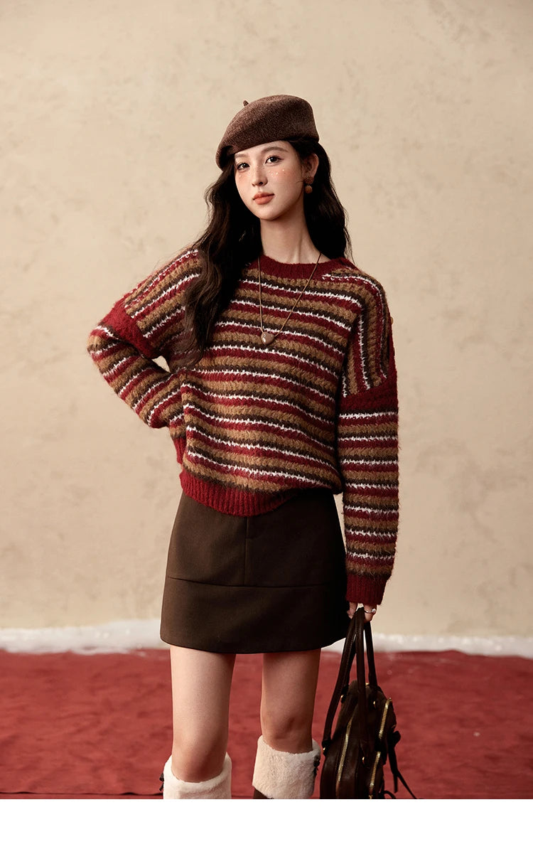 MISHOW Christmas Retro Striped Wool Blend Sweater Women Button Decoration Women Clothing Thick O-Neck Knitted Tops MXD59Z1060