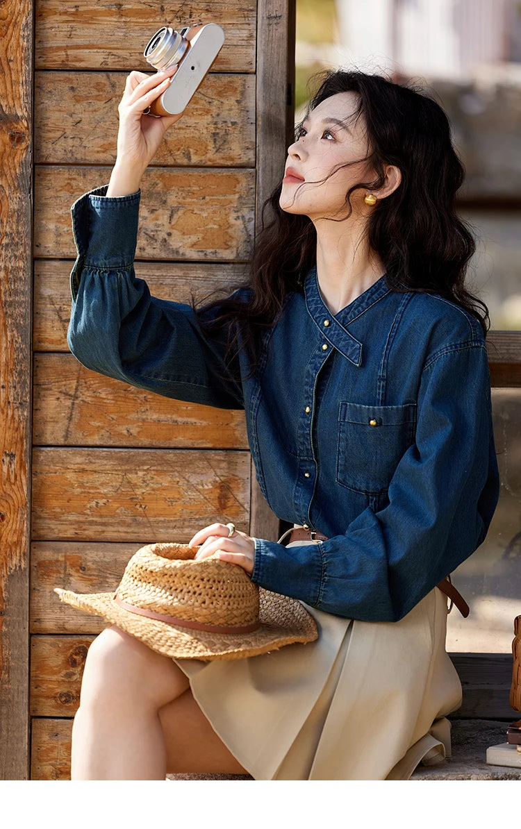 MISHOW 100 Cotton Denim Shirt French Retro Long Sleeved Shirt for Women 2025 Spring Loose Fit O Neck Casual Shirt Top MXE12C0384