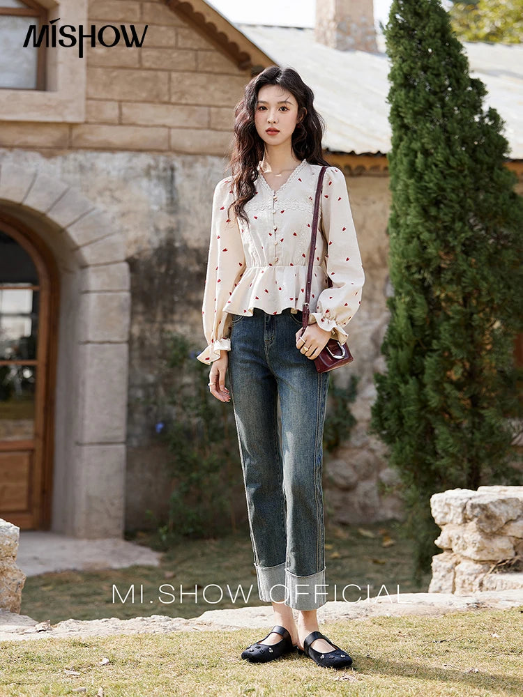 MISHOW Women's Love Embroidered V-neck Blouses 2025 Spring Linen Cotton Retro Slim Tops Sweet Waist Ruffle Blouse MXE13X1700