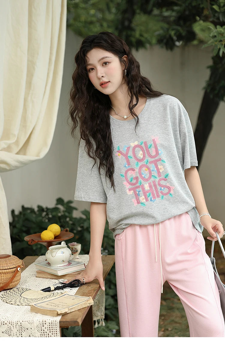 MISHOW Waffle Texture Fabric Loose Versatile Pants Summer Pocket Embroidered Elastic Waist Drawstring Casual Trouser MXD14K0608