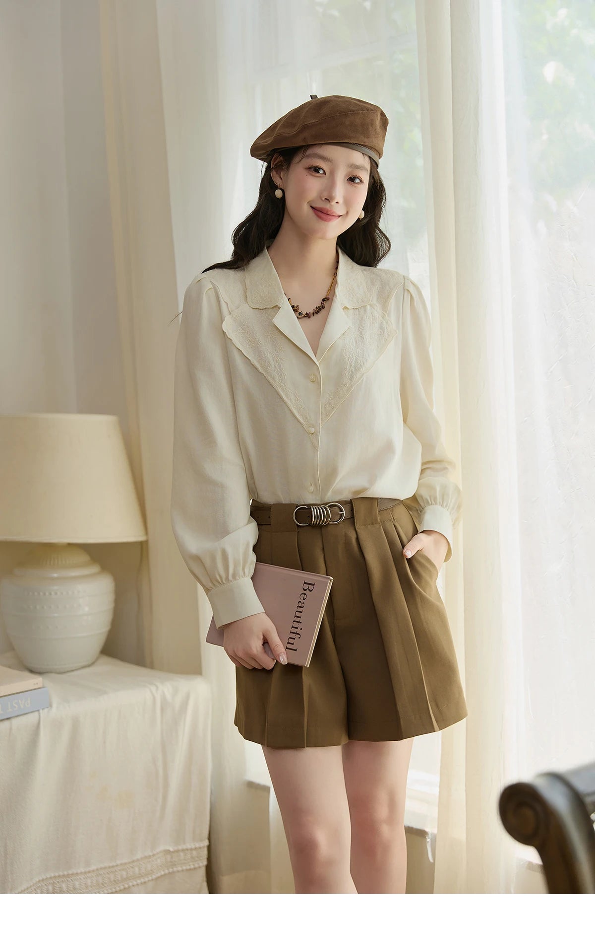 MISHOW Women's Casual Shirts 2025 Autumn Apricot Retro Lace V-neck Top Long Sleeve Lightweight Shirts Women Clothing MXE45X2486