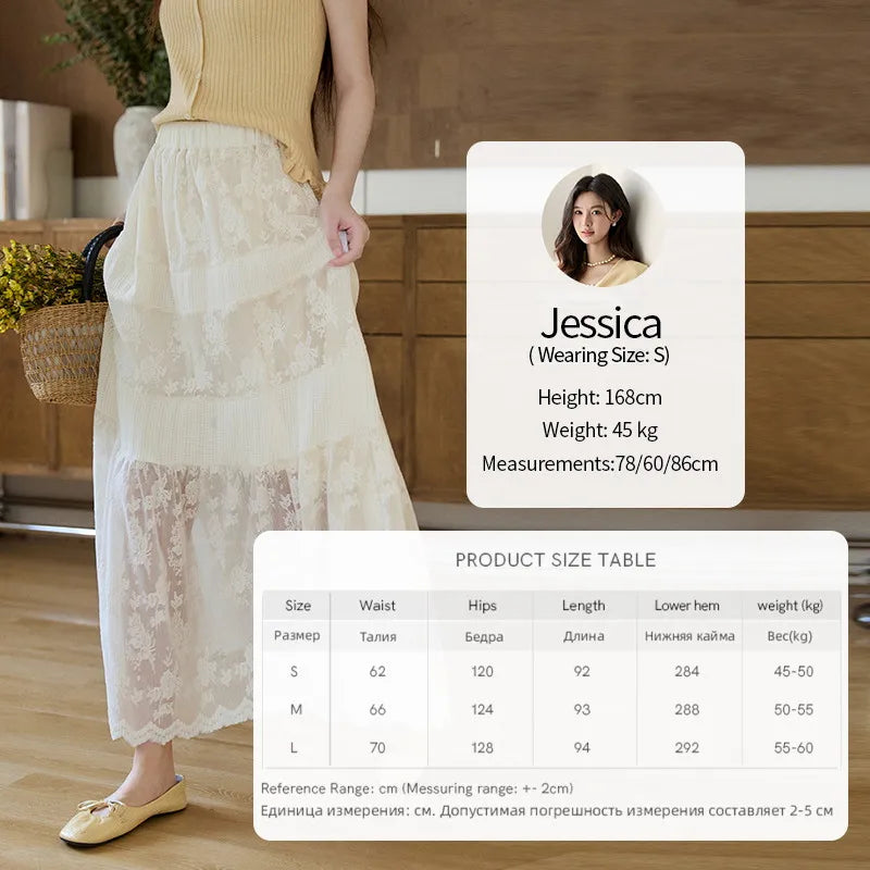 MISHOW Women's Cream Lace Maxi Skirt 2026 Spring Summer Floral Embroidery Tiered Ruffled High Waist Casual Long Skirt MXF11B2462