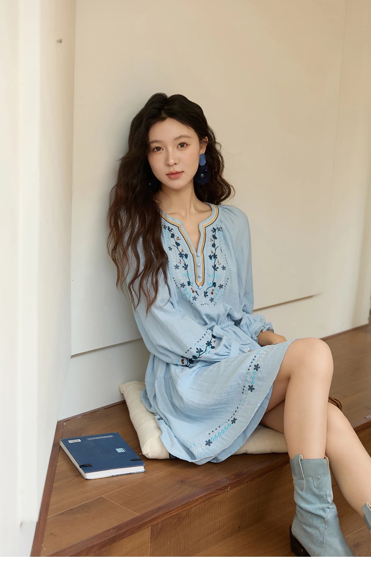 MISHOW Woman Long Sleeve Dress Autumn Elegant V-neck Embroidered Drawstring Waist Dress A-line Bohemian Midi Dresses MXE44L2489