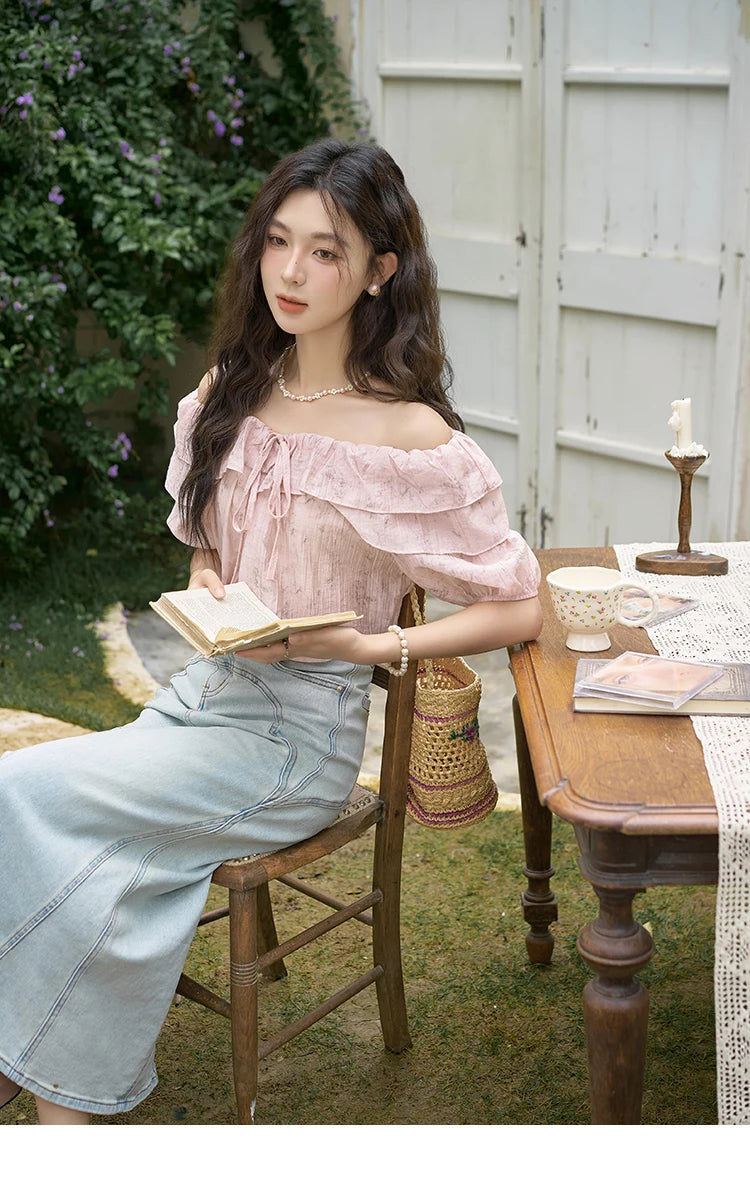 MISHOW French Retro Floral Short Sleeve Blouses Summer 2025 Loose One Line Shoulder Ruffled Edge Lace Up Sweet Top MXD25X1520