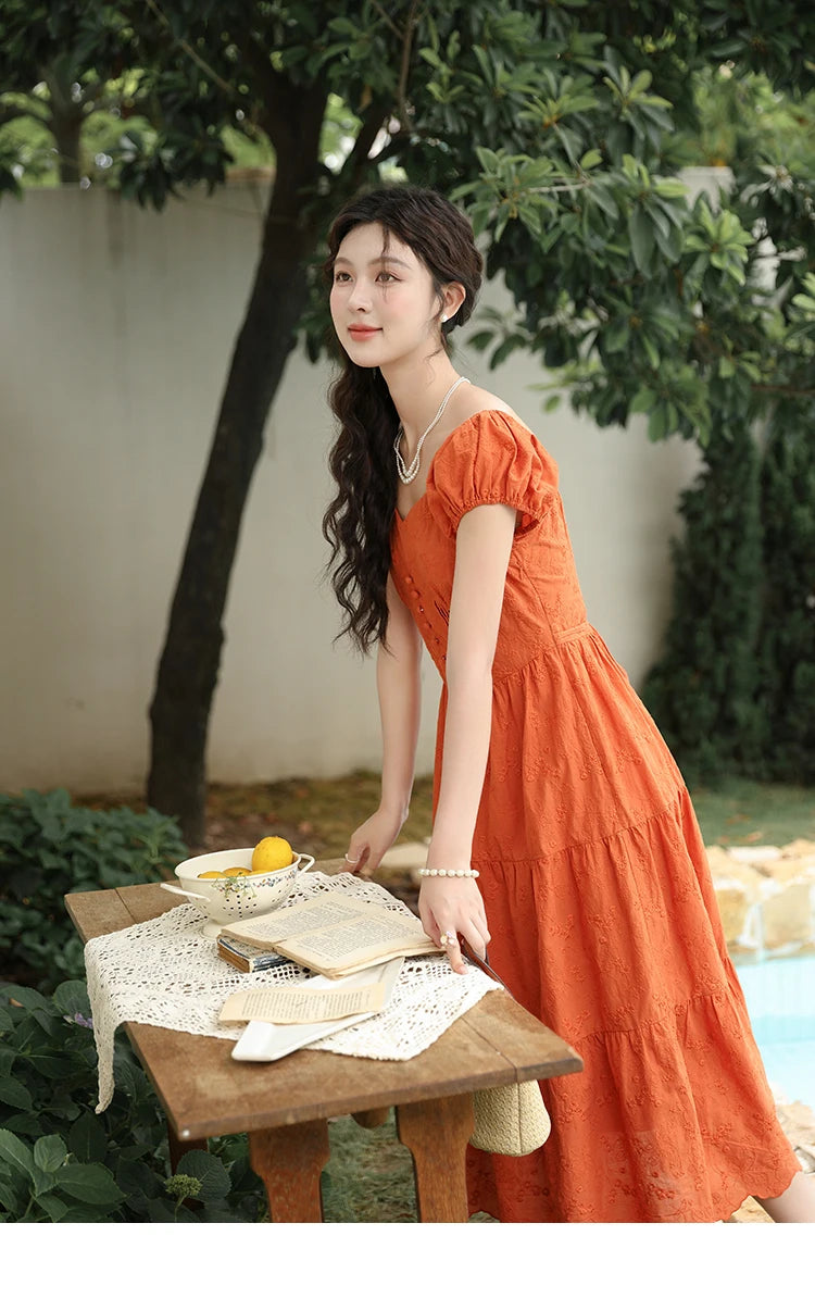 MISHOW 100 Cotton Orange Embroidered French Dress Women 2024 Summer V Neck Mid Length Dress Solid Loose A-line Dress MXD29L1931