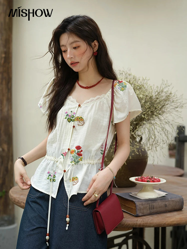 MISHOW Women's Fashion Flower Embroidery Blouse Summer 2025 Square Neck Lace Drawstring Short Top Ladies Clothing MXE37X1895