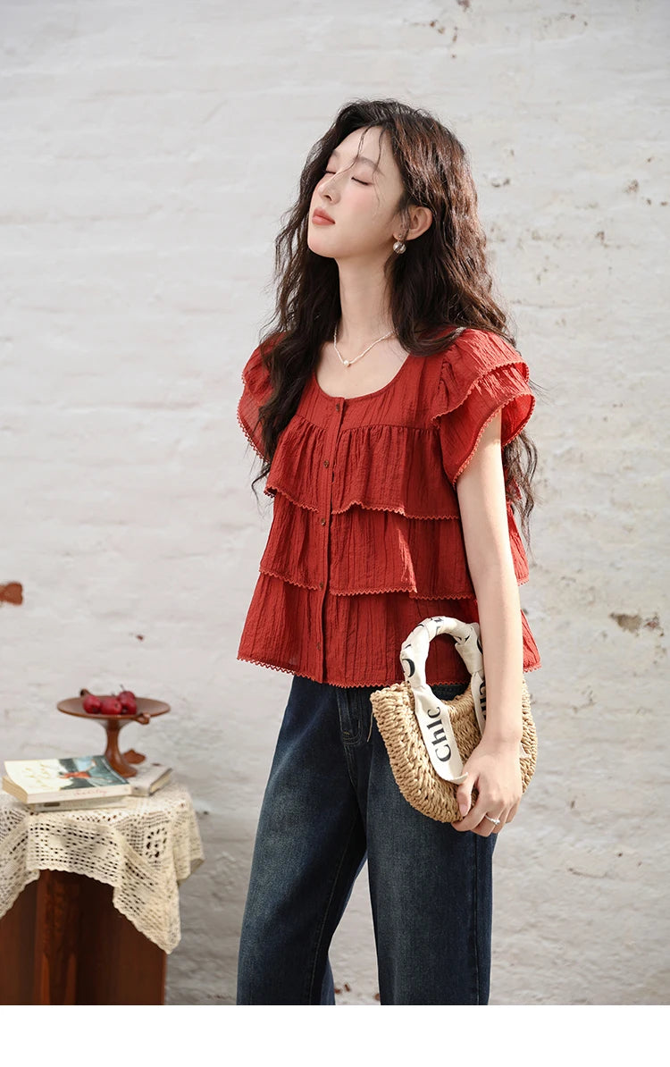 MISHOW Women's French Square Collar Blouses 2024 Summer Retro Red Ruffle Lace Cake Top Puff Sleeve Solid Sweet Blouse MXD30X1488