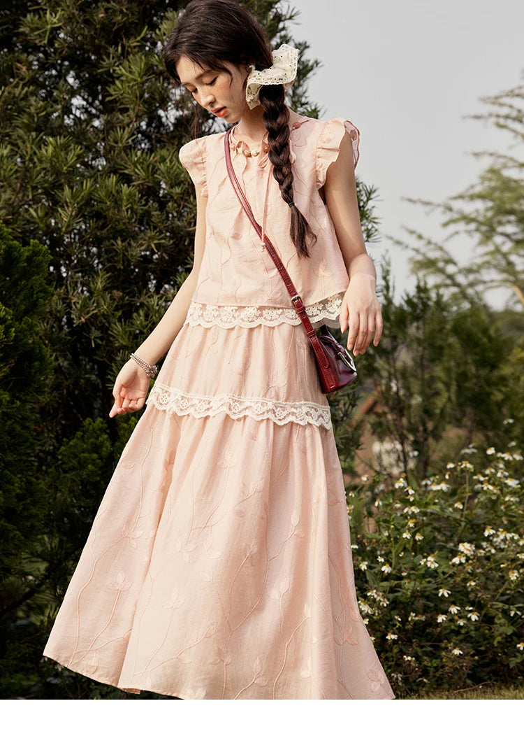 MISHOW Sweet Summer Skirt Sets Women New 2025 Short Flying Sleeve Round Neck Tops Hollow Embroidery A-line Skirt Lady MXE33T0545