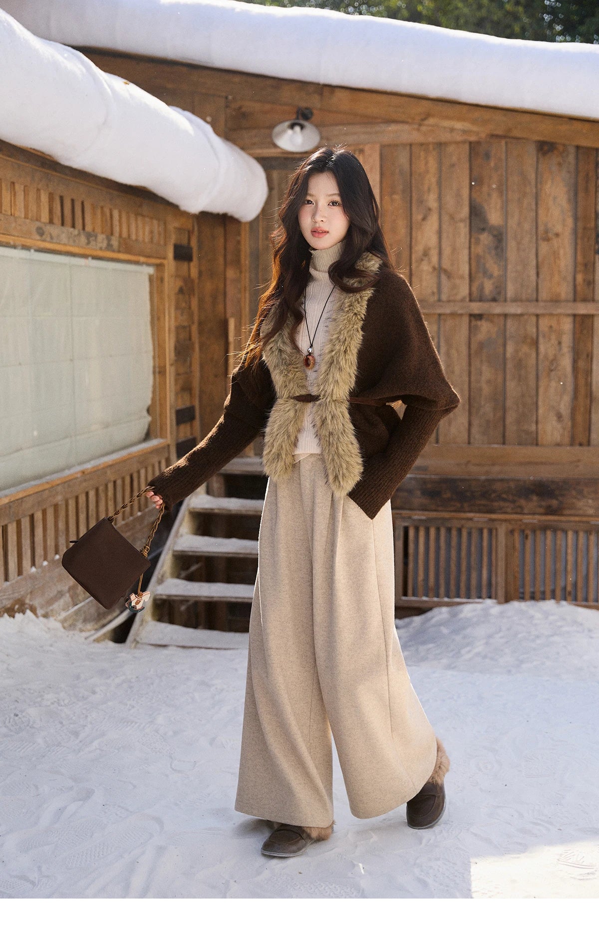 MISHOW Women's Brown Knitted Cardigan 2025 Winter Faux Fur Collar Batwing Sleeve Tops Warm Loose Outerwear Beltless MXE94Z2954