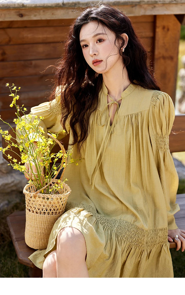 MISHOW Folded Lace Up Dress for Women Spring 2025 Solid V-neck Loose Chiffon Doll Dress Puff Sleeve Knee-Length Dress MXE11L2113