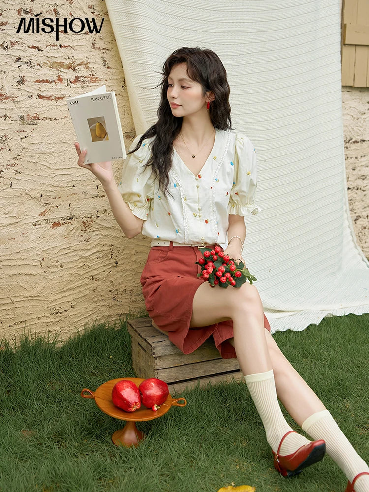 MISHOW 100% Cotton Women's Puff Short Sleeve Shirt 2025 Summer New Square Neck Blouse Embroidered Lace Patchwork Tops MXD22X1420