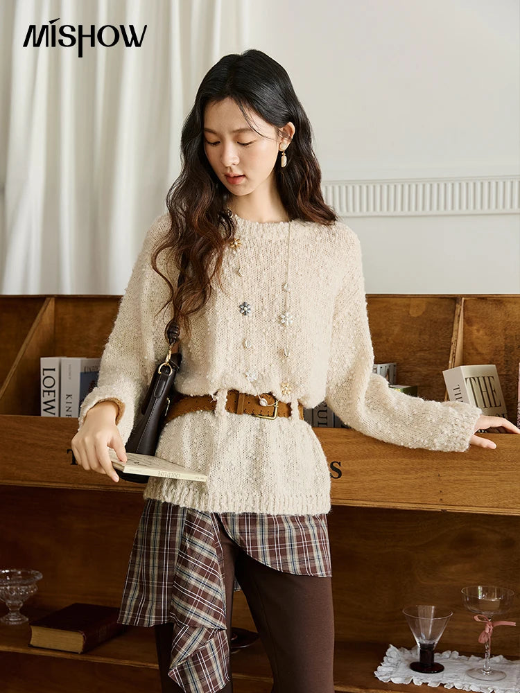 MISHOW Sweater Woman Wool 2025 Autumn New Belt Waist Design Drop Shoulder Sleeves Knit Top Commute Pullover Women MXE46Z2582