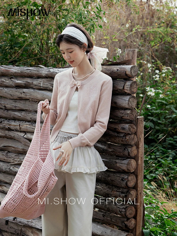 MISHOW Women's Iris Embroidery Round Neck Cardigan 2025 Spring Loose Knitted Thin Bow Design（Not Include Lace Vest）MXE13Z1142