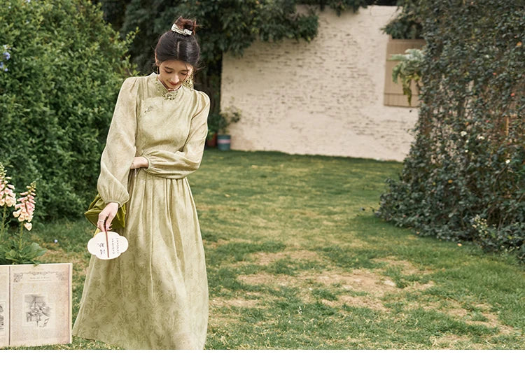 MISHOW Retro Chinese Improved Cheongsam Dress 2024 Spring Chiffon Printing Green Puff Sleeve Stand Neck Waist Dresses MXD14L1767