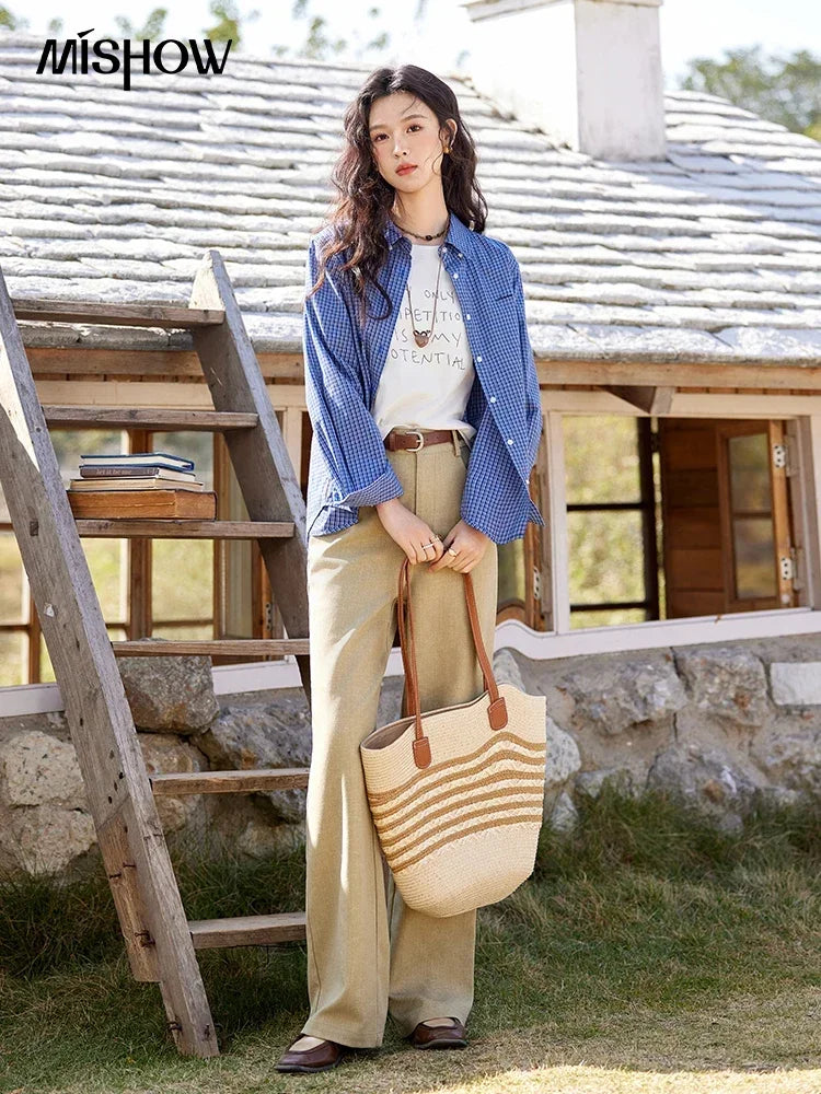 MISHOW Fashion Retro Blue Checkered Shirt Women's Autumn New Loose Casual Lapel Cotton Shirts Long Sleeves Tops Women MXE11C0398