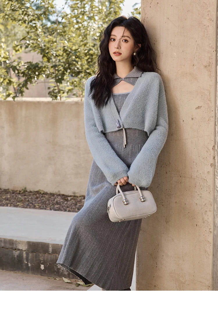 MISHOW Women’s Sweater Top Dress Separately 2024 Fall Winter Fashion Imitation Mink Fur Sweet Coat Knitted Dress MXD45L2043