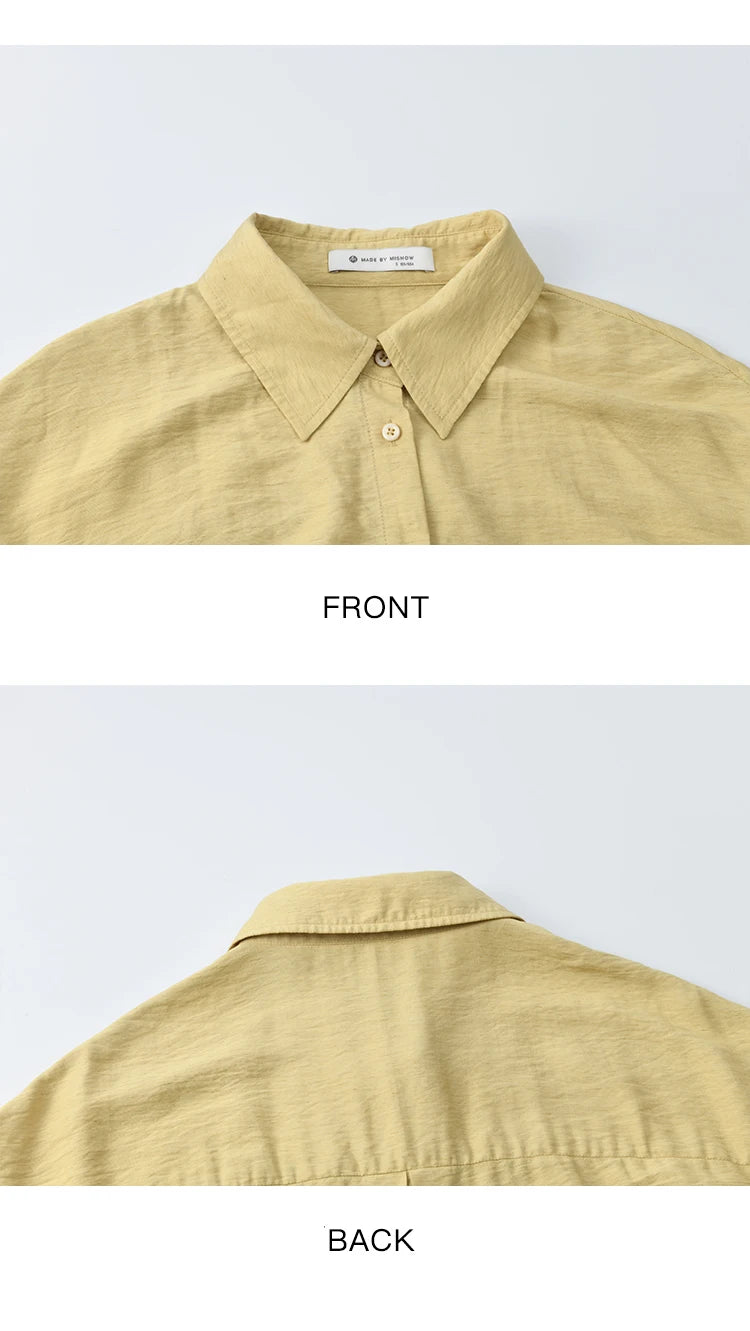 MISHOW Yellow Linen Three Piece Solid Splicing Lace Shirt Camisole Elastic Waist Shorts Vintage Hollowed Out Lace Set MXE42T0718