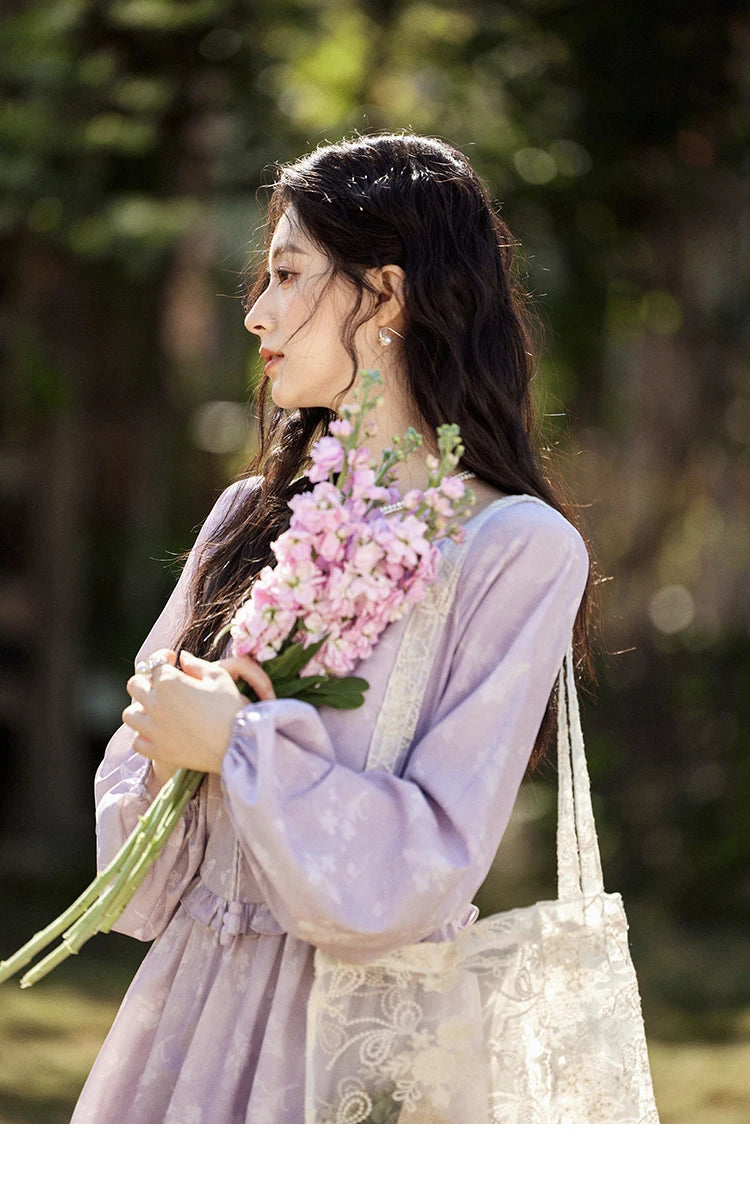 MISHOW Iris Chiffon Dress for Women Spring 2025 Waist Slim Black Fungus Edge Straps Dresses Purple Floral Fairy Dress MXE13L2095