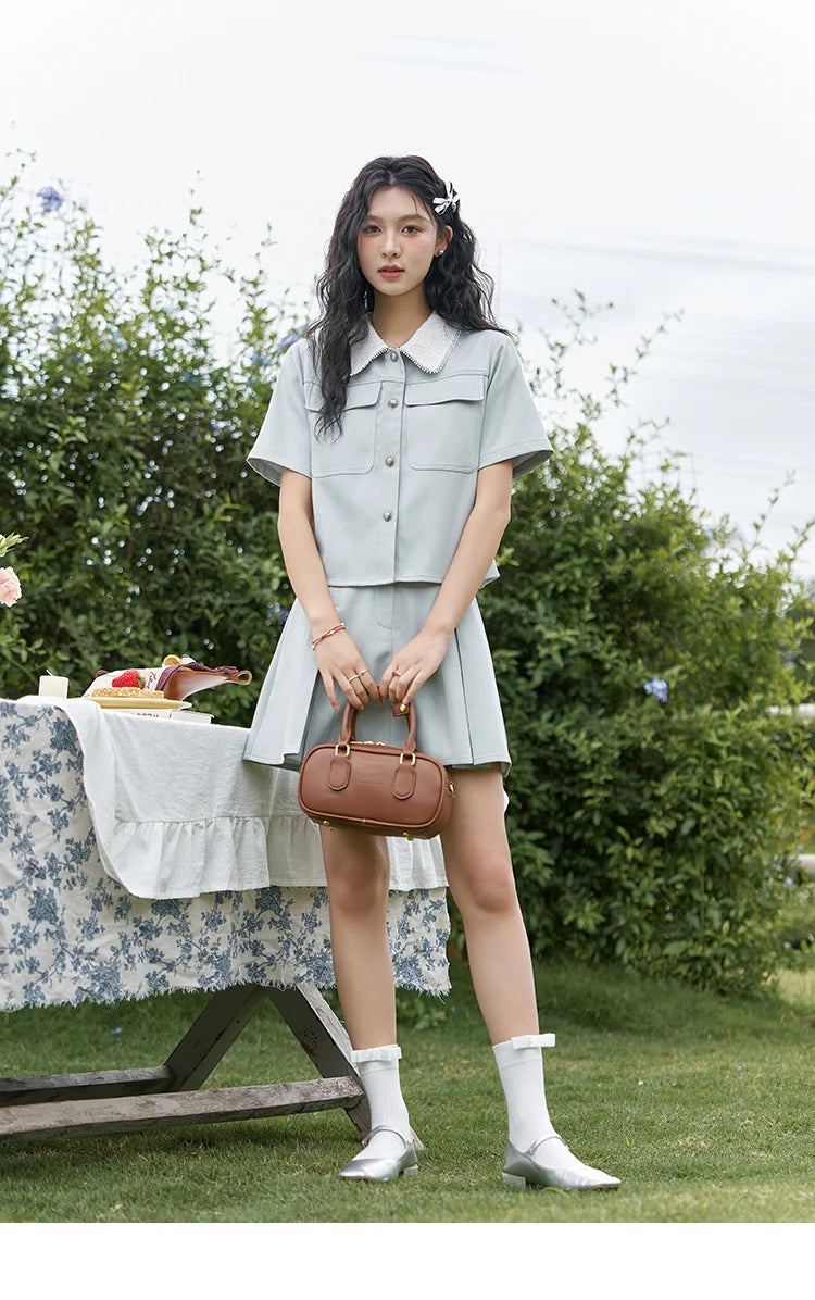 MISHOW French Fragrance Top Pleated Skirt Separately 2024 Lapel Neck Single Breasted Shirt High Waist A-line Skirts MXD24C0201