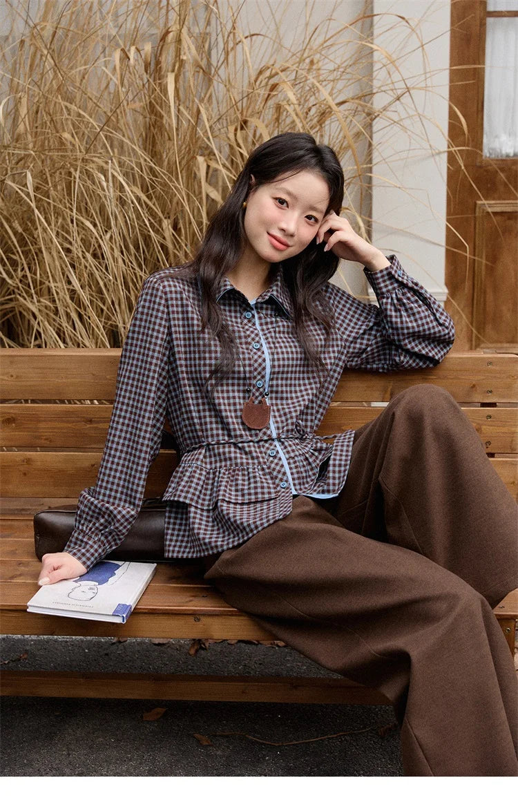 MISHOW Retro Blue Plaid Shirt for Women 2025 Autumn Winter Lapel Lantern Sleeves Ruffled Hem Top Slim Casual Shirt MXE89C2420