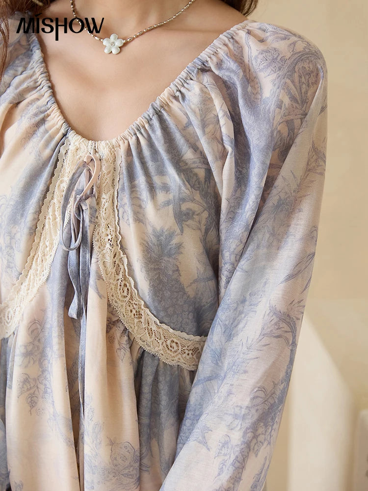 MISHOW Woman Elegant Dress 2025 Autumn Romantic Blue Floral Dress Lace Panel Drawstring A-line Long Dress Autumn MXE45L2507
