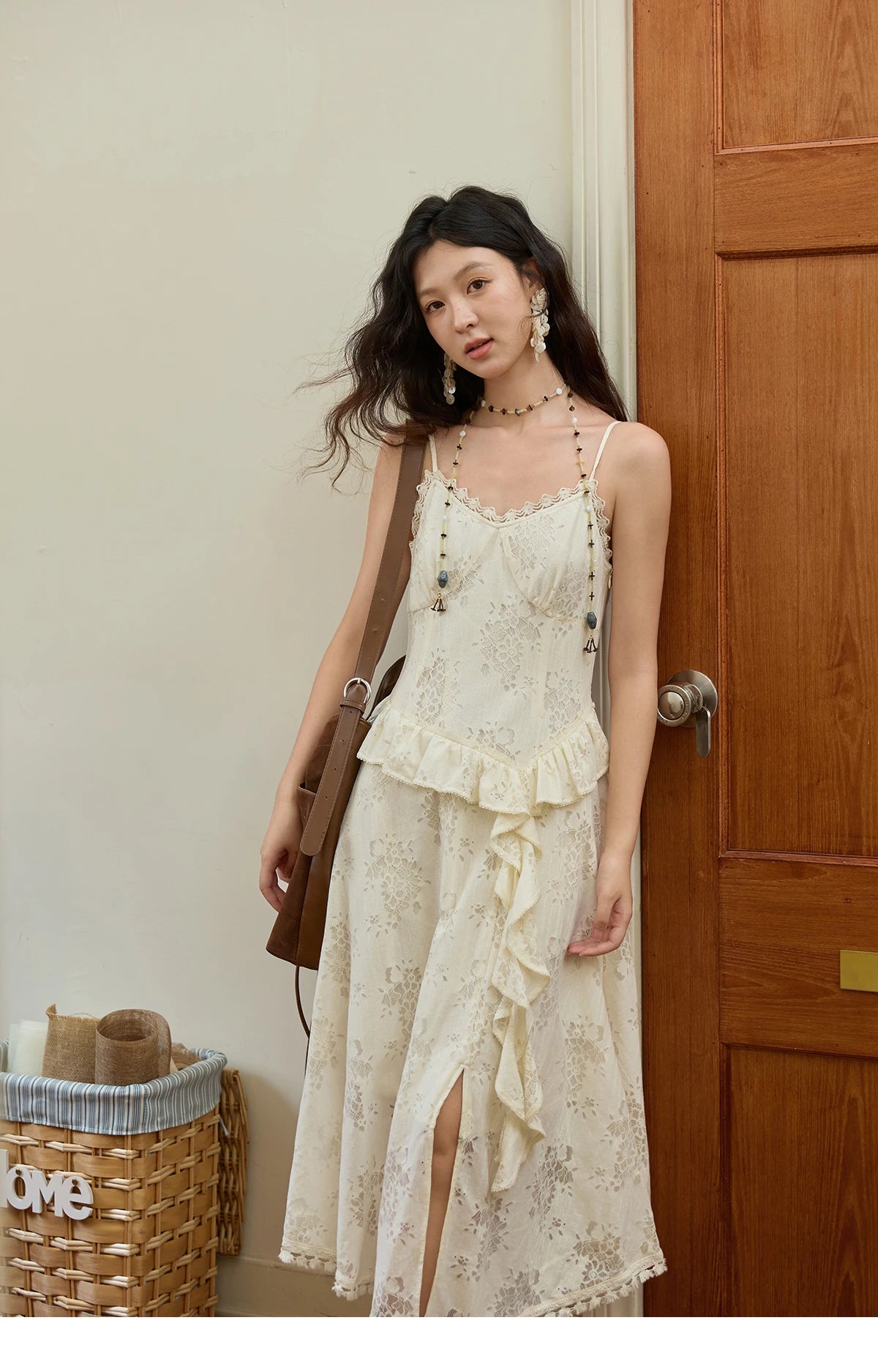 MISHOW Bohemian Apricot Lace Camisole Inner Dress Autumn Irregular Ruffle Tassel Hem Dresses Front Side Fork Dress MXE43L2449