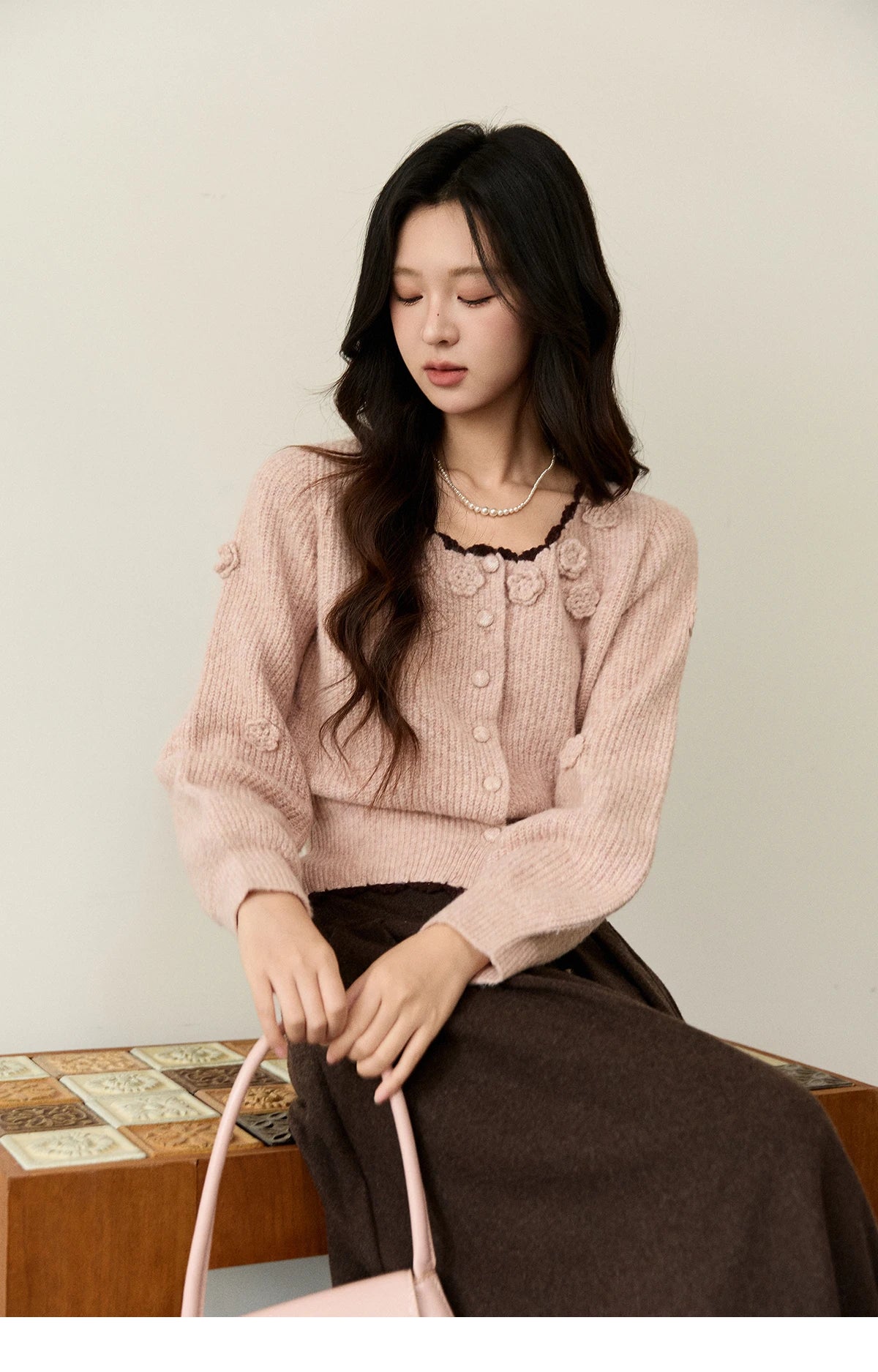 MISHOW Women's Pink Knitted Cardigan 2025 Autumn Winter Flower Decor Lace Trim Button Cardigan Slim Warm Pullover Top MXE94Z2862