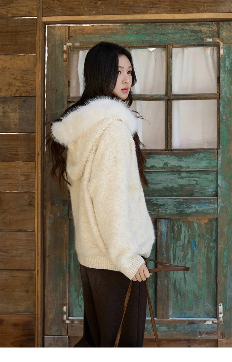 MISHOW Women's Beige White Cardigan Winter Fur Hood Zipper Warm Loose Outerwear Towel Embroidered Knitted Cardigan MXE94Z2963