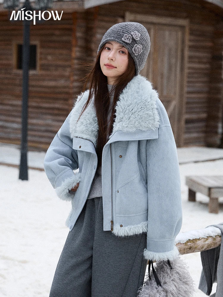 MISHOW Women's Blue Jacket 2025 Winter Blue Plush Turn-down Collar Zip-up Coat Fashion Casual Warm Loose Coat Woman  MXE87W0917
