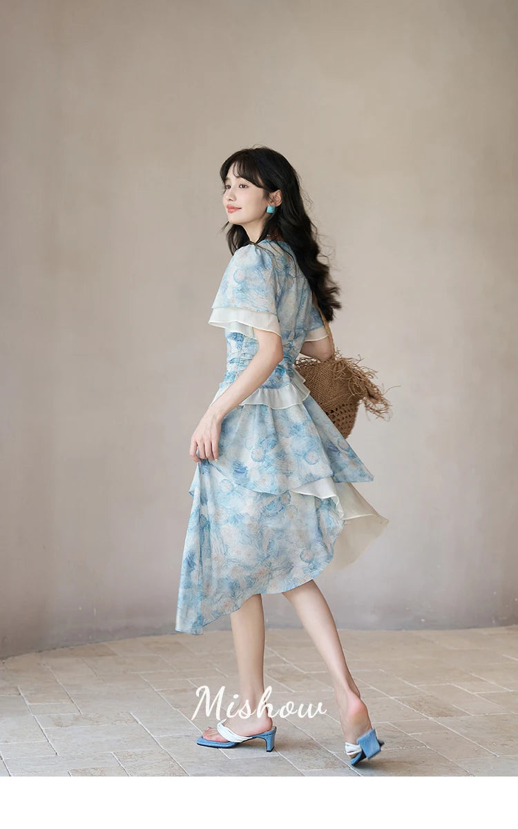 MISHOW [Van Gogh Collection] Fairycore Dresses 2025 Summer Double Layer Sleeves Asymmetrical V-Neck Printing Dress MXC39L1527