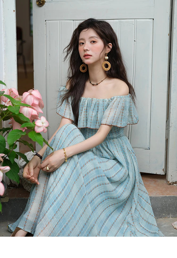 MISHOW Women's Fashion Slash Neck Chiffon Dress 2025 Ladies Elegant Vacation Striped French Dresses Female Clothing MXE39L2380