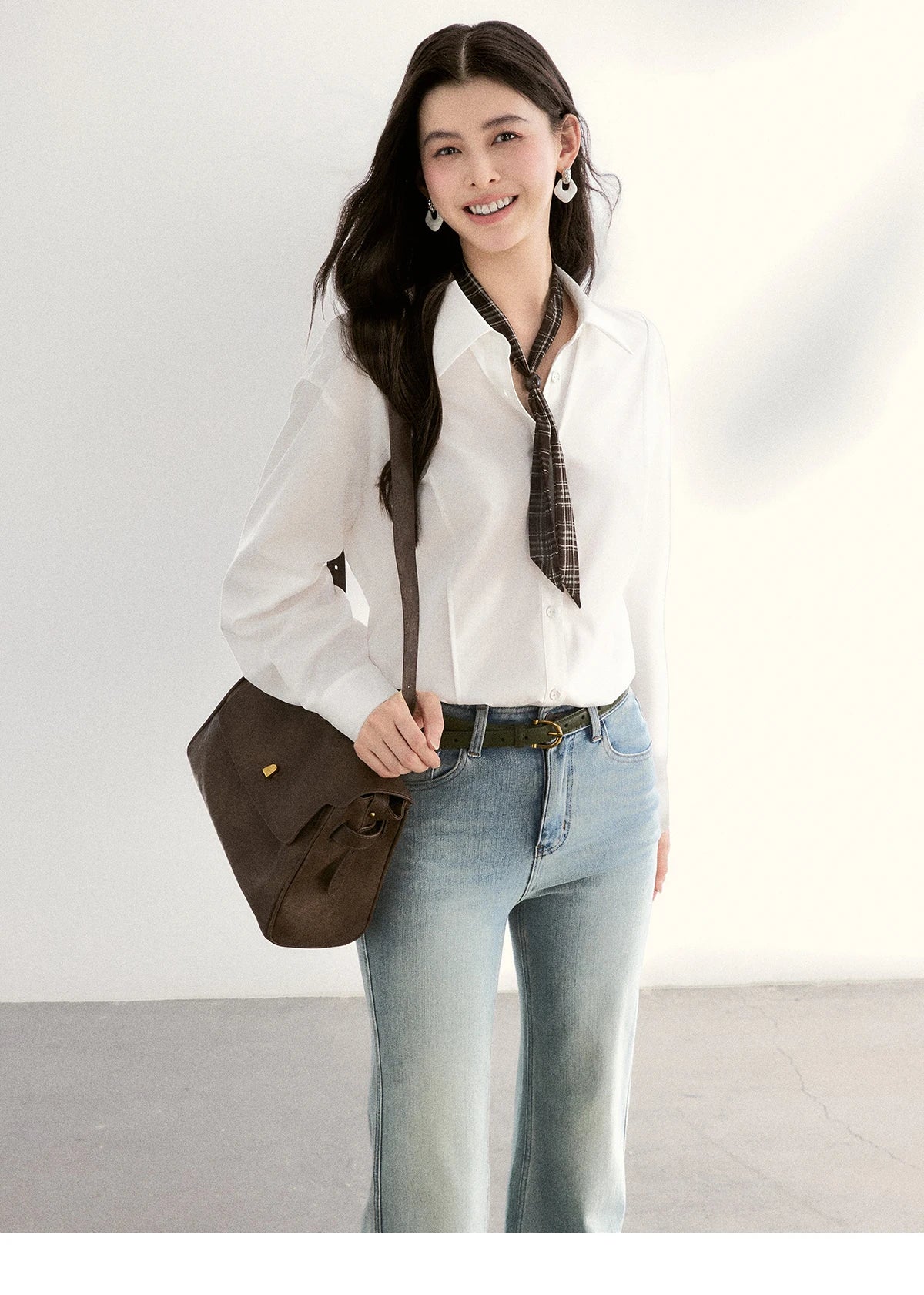 MISHOW Women's Casual Loose Shirt with Plaid Scarf 2026 Spring Lapel Tops Versatile Long Sleeve Shirts Office Lady MXF108C0815