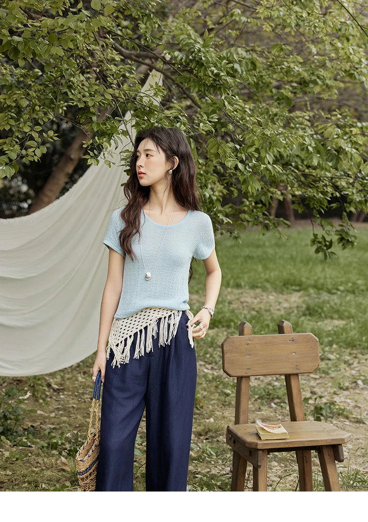 MISHOW Office Lady Women’s T-shirts Summer 2025 Short Sleeve Round Neck Solid Slimming Knitted Shirt Female Fashion MXE34Z1257